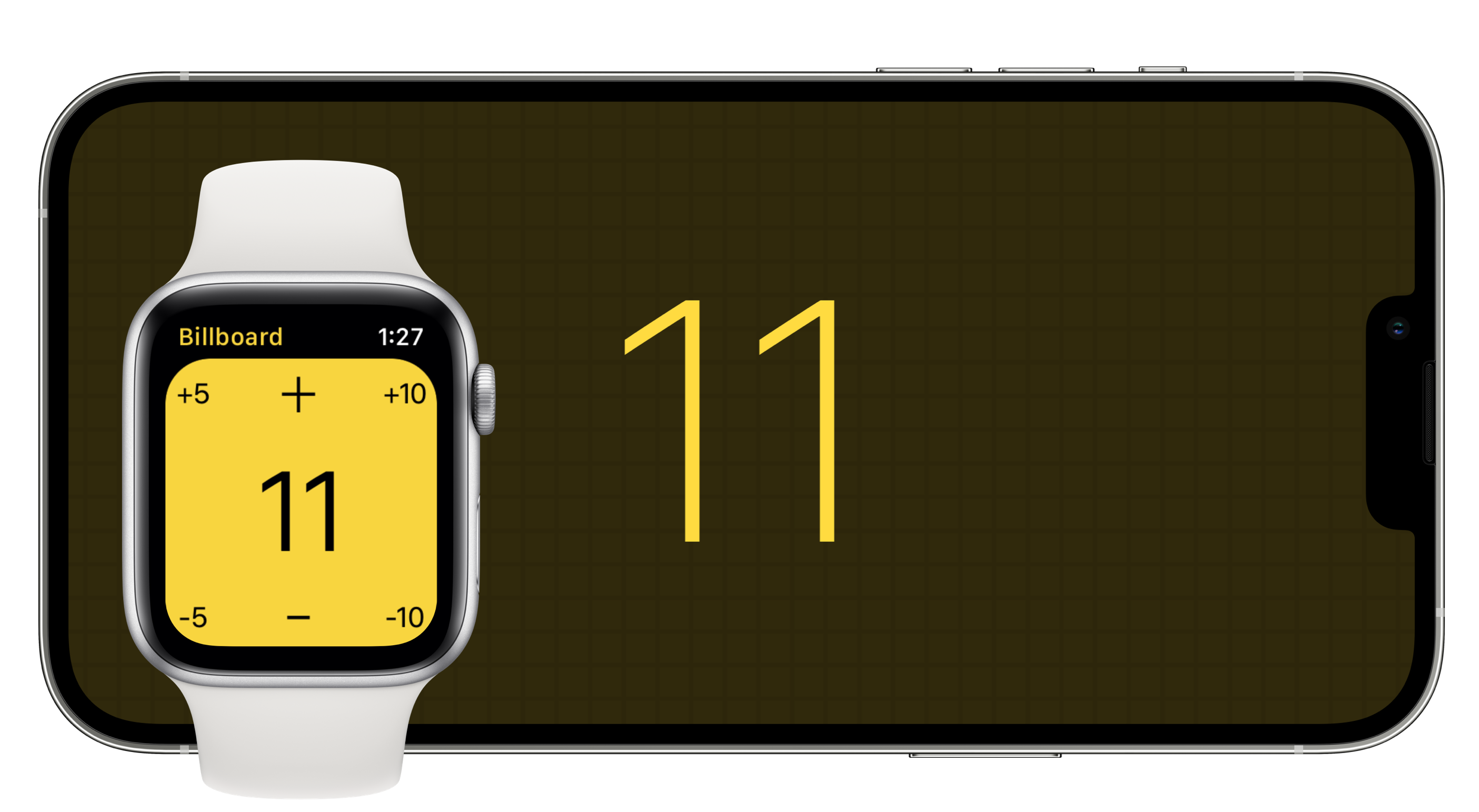 Tally on iPhone and Tally on Apple Watch connected via Billboard Mode, and displaying the same count.