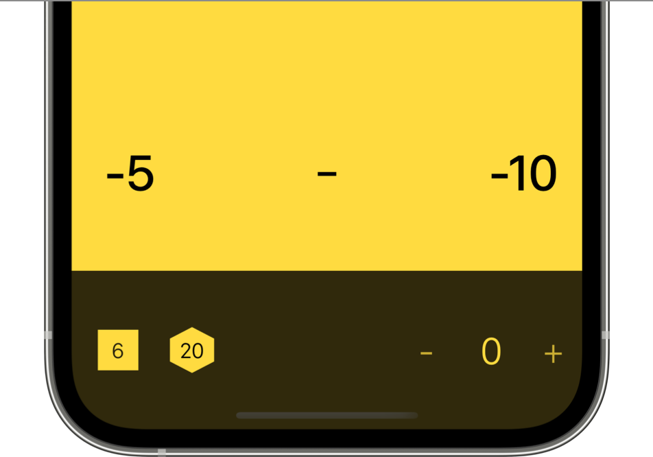 A closeup of Tally on iPhone, showing the Mini Counter and Dice.