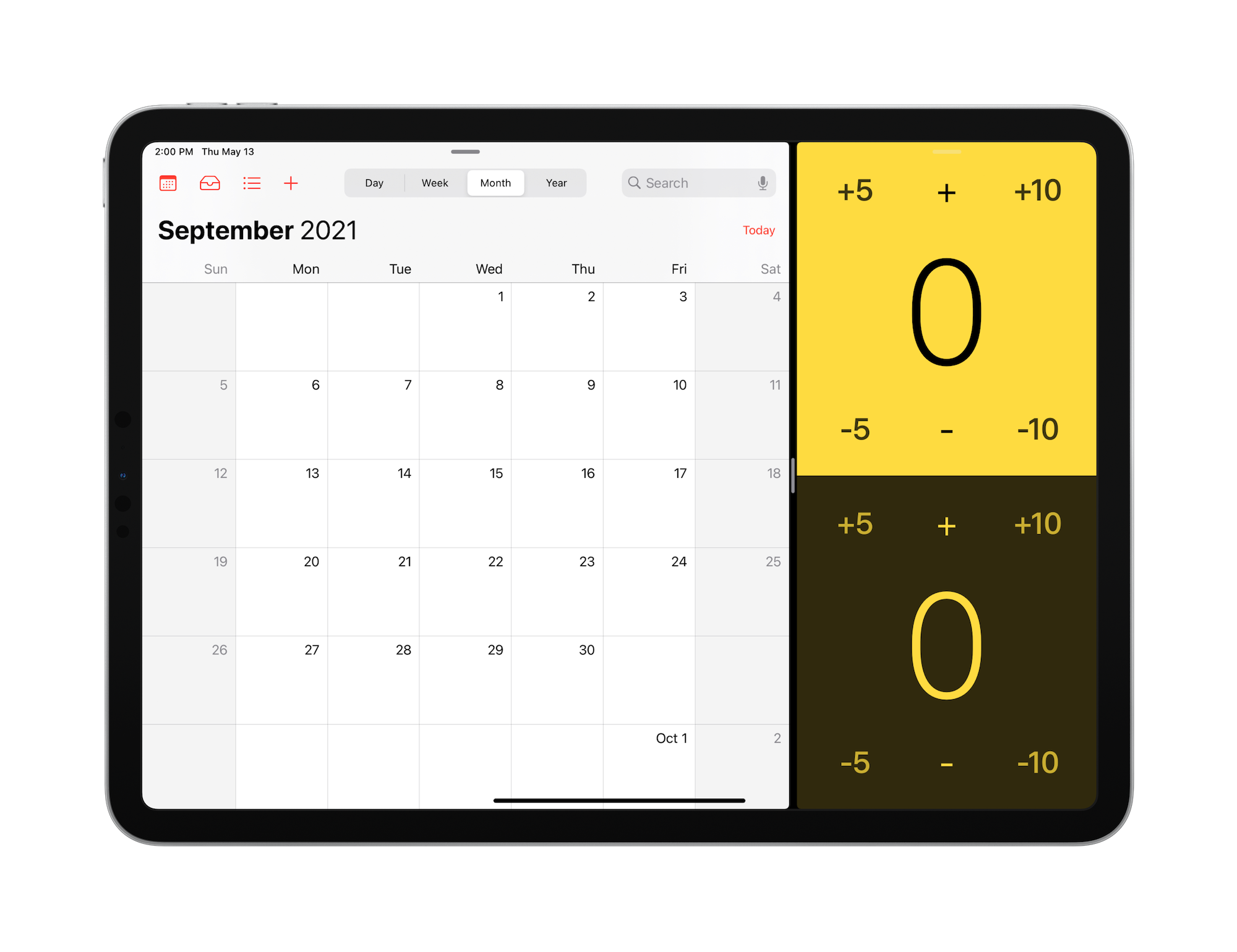 iPad with Tally and Calendar open, side–by–side.